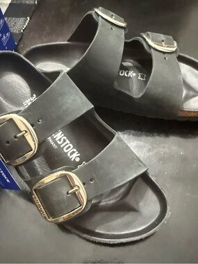 Birkenstock Arizona Two-Strap Sandal in Black with Silver Buckles
